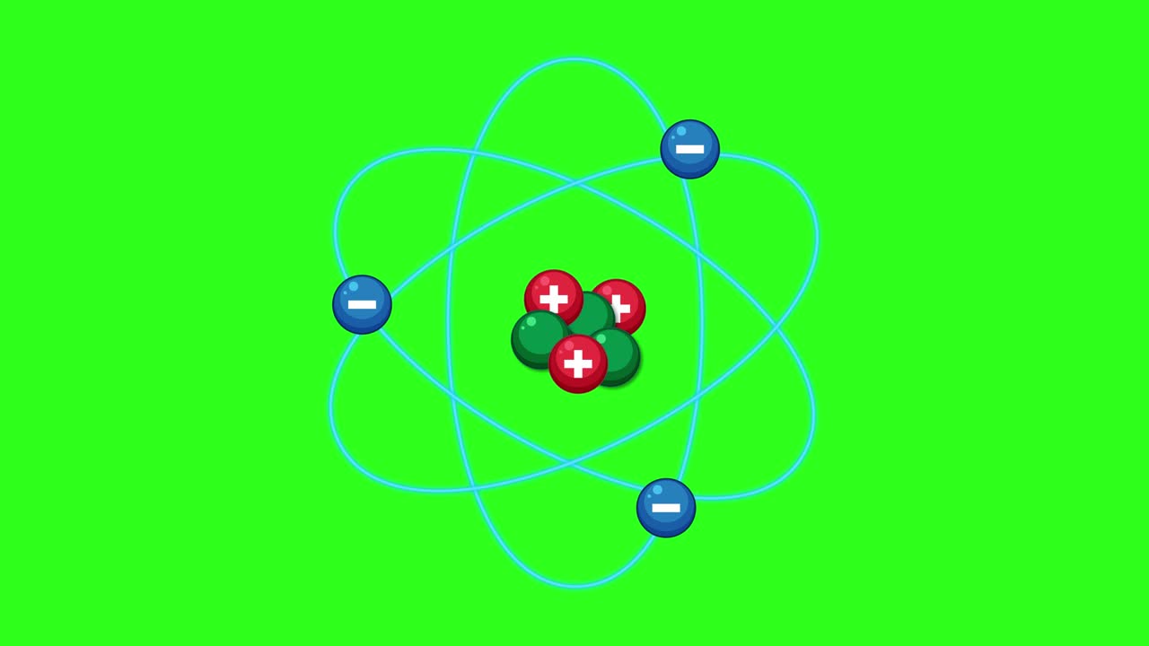 Atom nucleus and electrons animated with smooth orbital motion, vibrant green background, scientific visualization
