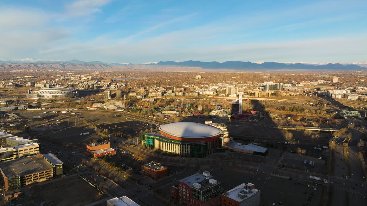 Aerial of Ball Arena in Denver, Colorado during clear weather
