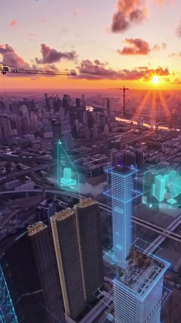 Futuristic Smart City Construction with Digital Holographic Overlays at Sunset