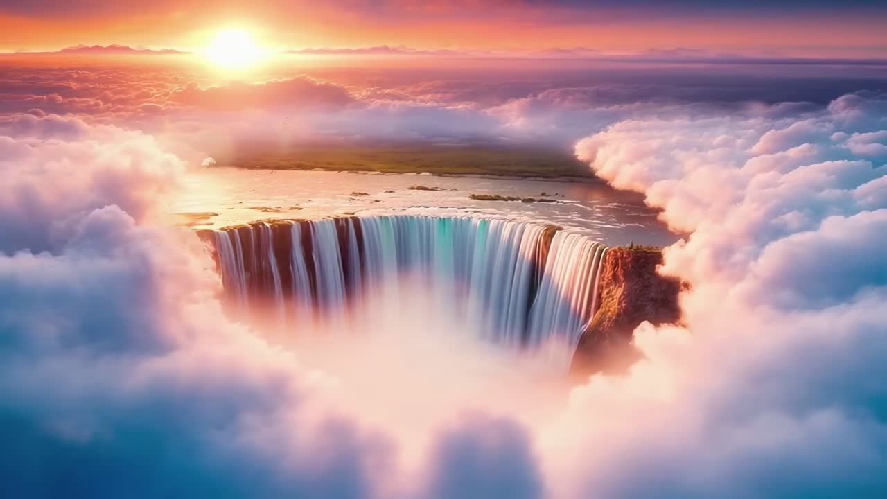 Vista aerea in video di una cascata surreale sopra le nuvole al tramonto, che fonde fantasia e natura