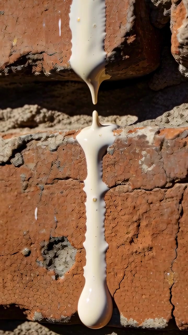 Video verticale: Liquido beige che gocciola, si allunga per gravità e stacca una goccia su un mortaio.