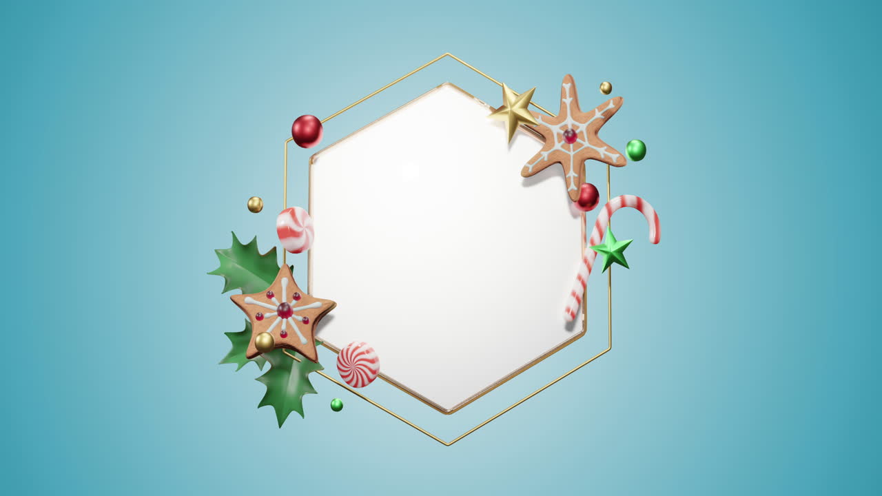 animación de marco hexagonal con espacio de copia y decoración navideña en fondo azul.