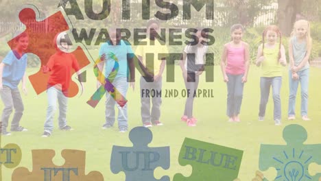 Animation-of-colourful-puzzle-pieces-and-autism-awareness-month-text-over-schoolchildren