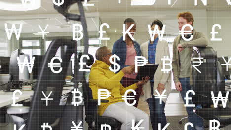 animation of currency symbols and data processing over diverse business people in office