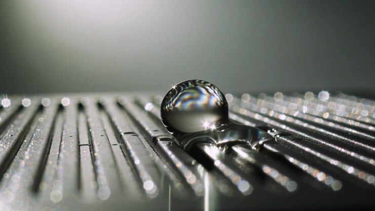Bright glint forming, causing shiny drop spreading left across grooved heat sink, leaving film