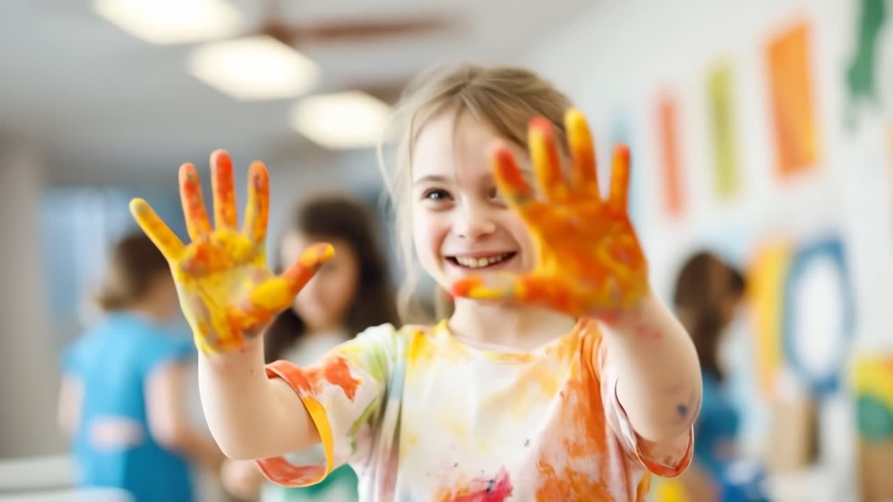 A joyful child with paint-covered hands, captured in a lively, colorful setting