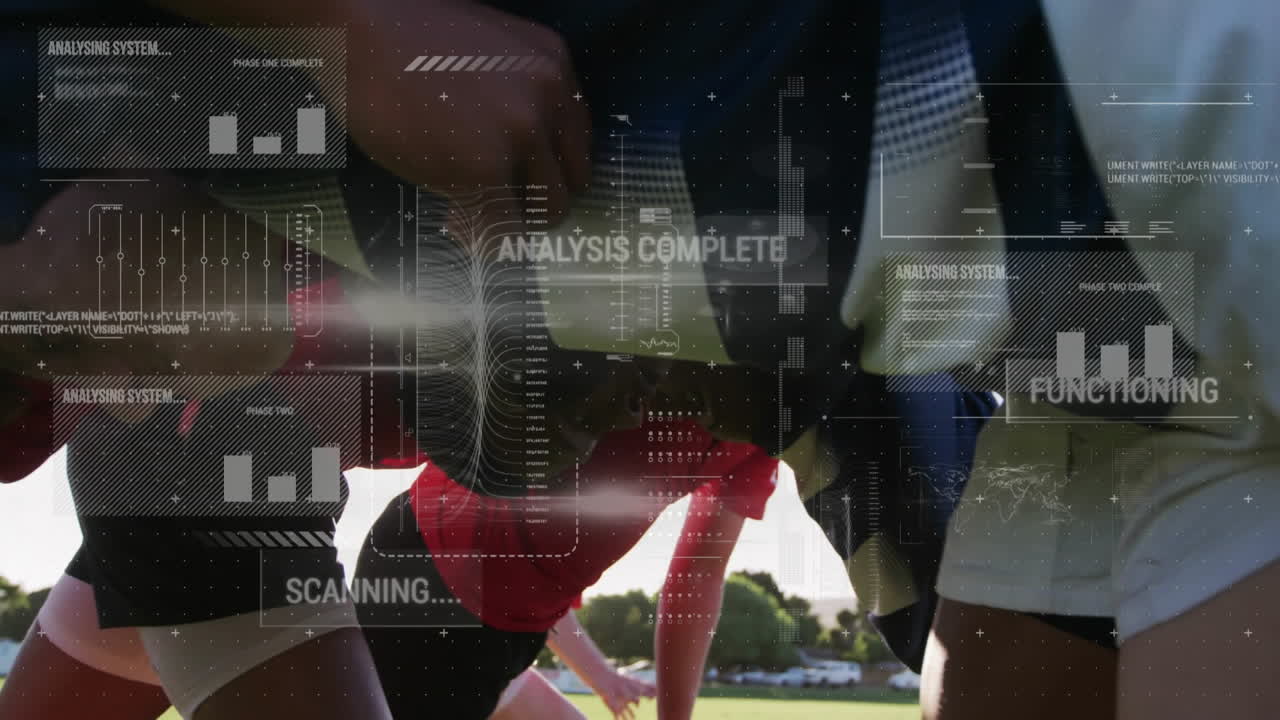 Group of male athletes crouching on track start line, displaying sports tech HUD data