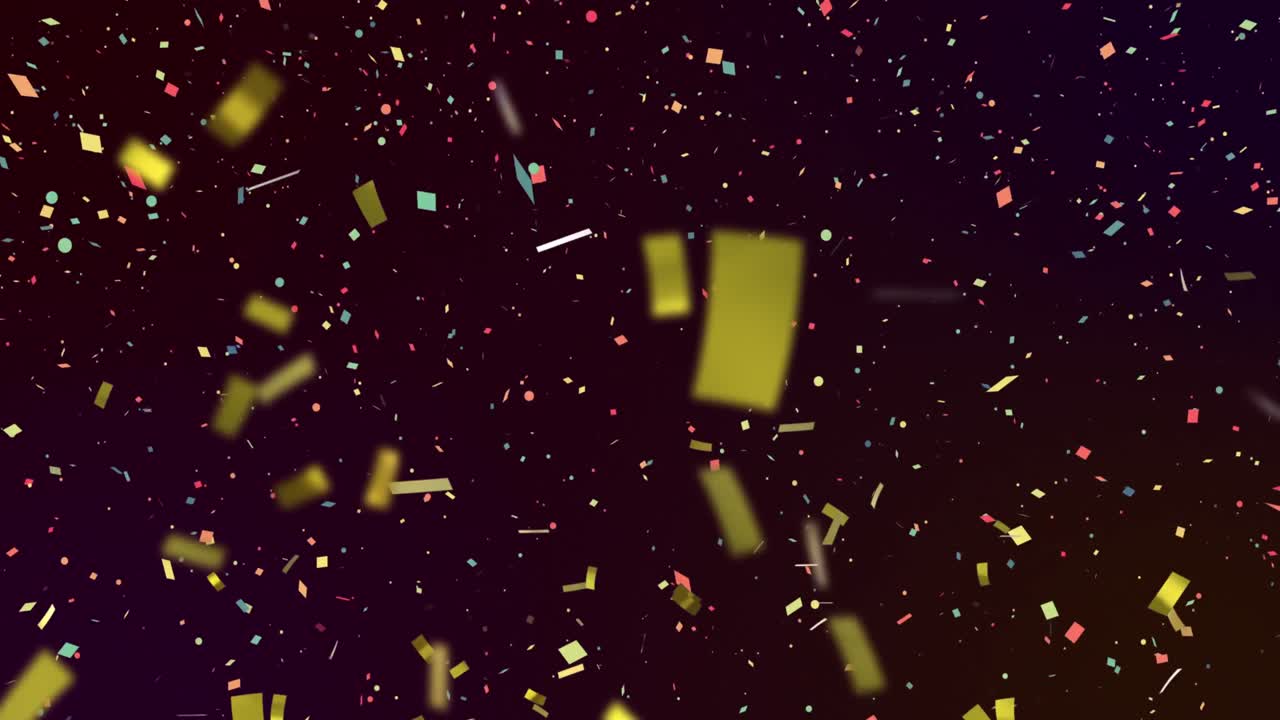 Animazione di molti coriandoli dorati e colorati che cadono su sfondo nero.