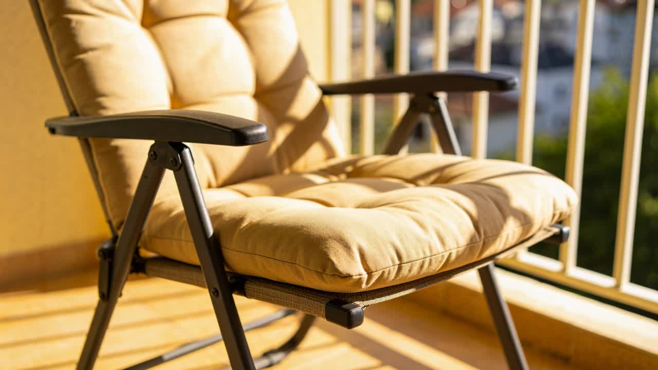 バルコニーのクッション付きベージュチェアをカメラがパンで捉え、金属フレームと手すりを映し出す。