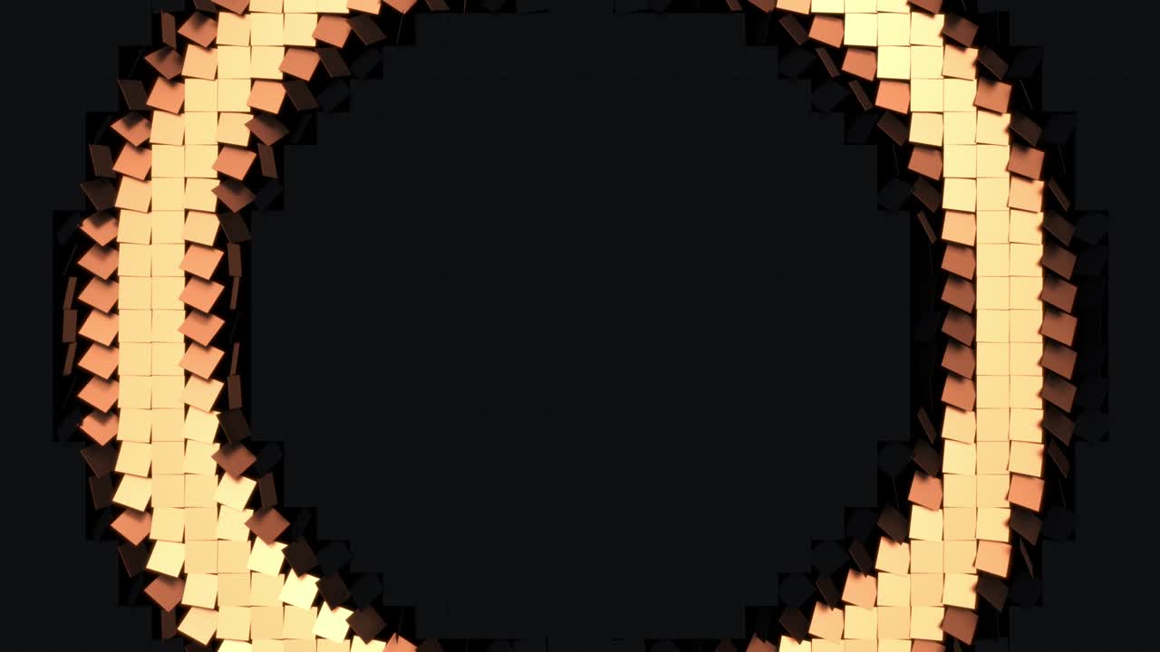 Surface of black tiles with animation loop of tiles flipping to the golden side following the radial wave from the center. Seamless geometric 3d render background with circular pulse motion. 4k UHD