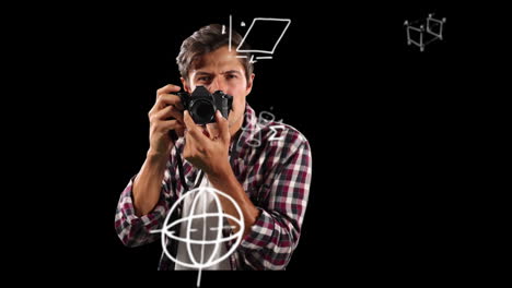 animation of mathematical equations over man using camera