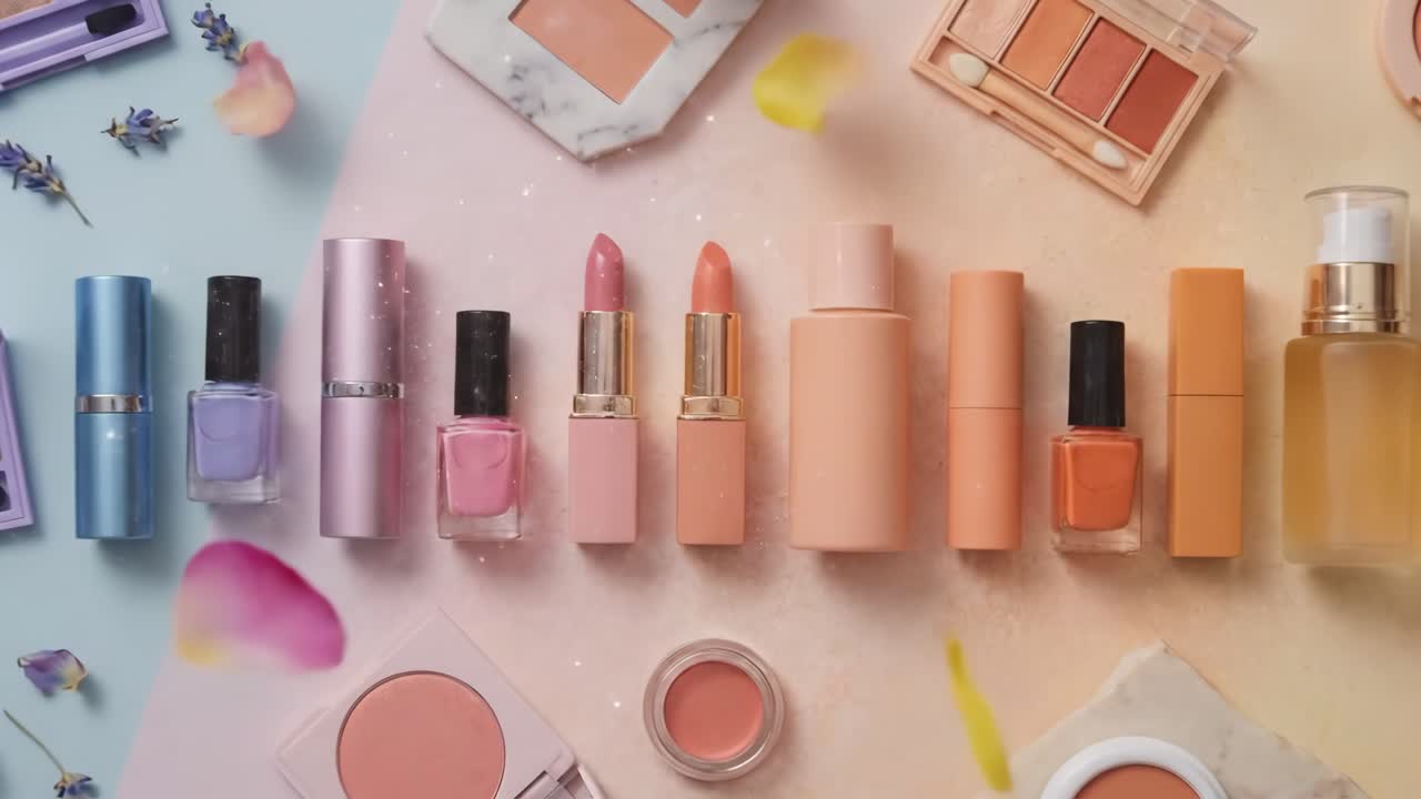 Prodotti di bellezza flat lay con petali che cadono e glitter scintillanti