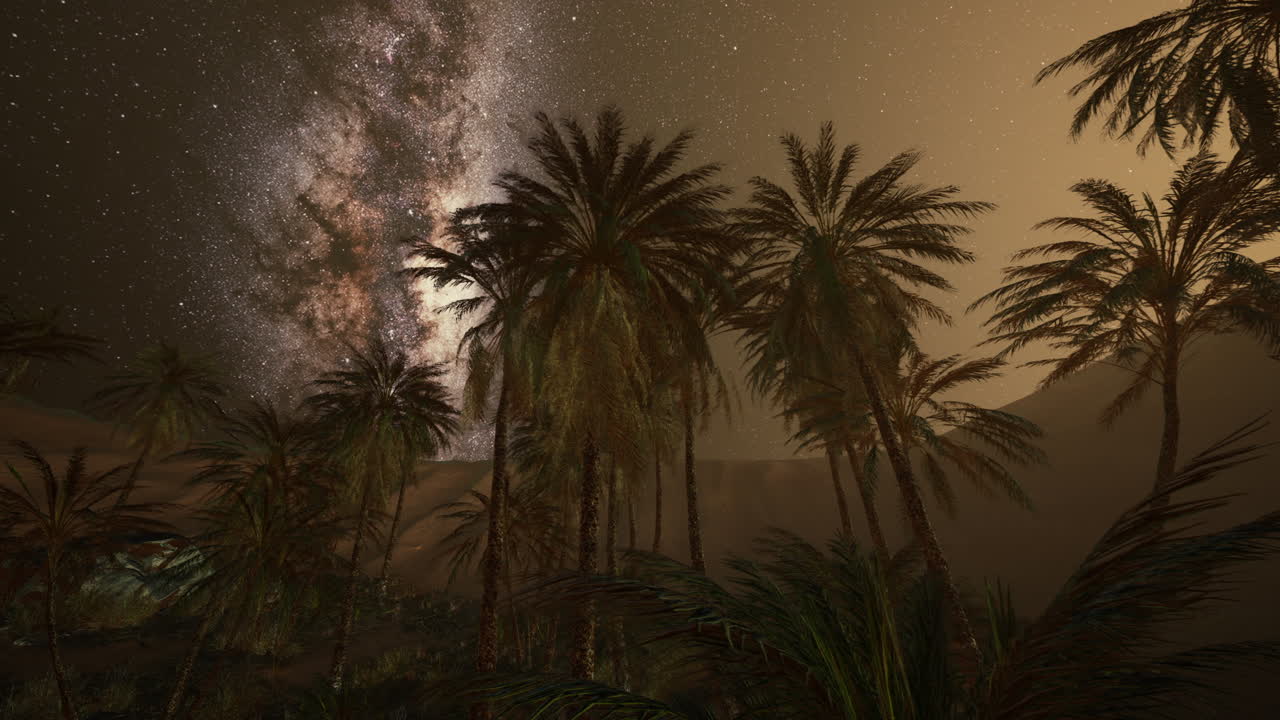 Céu noturno estrelado com coqueiros