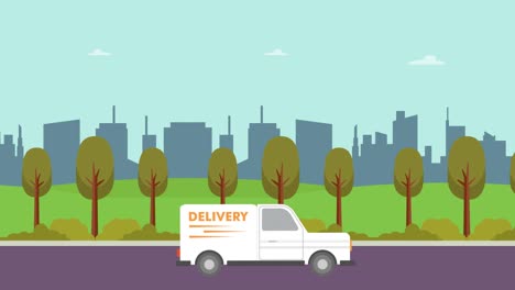 delivery car move on road with park background