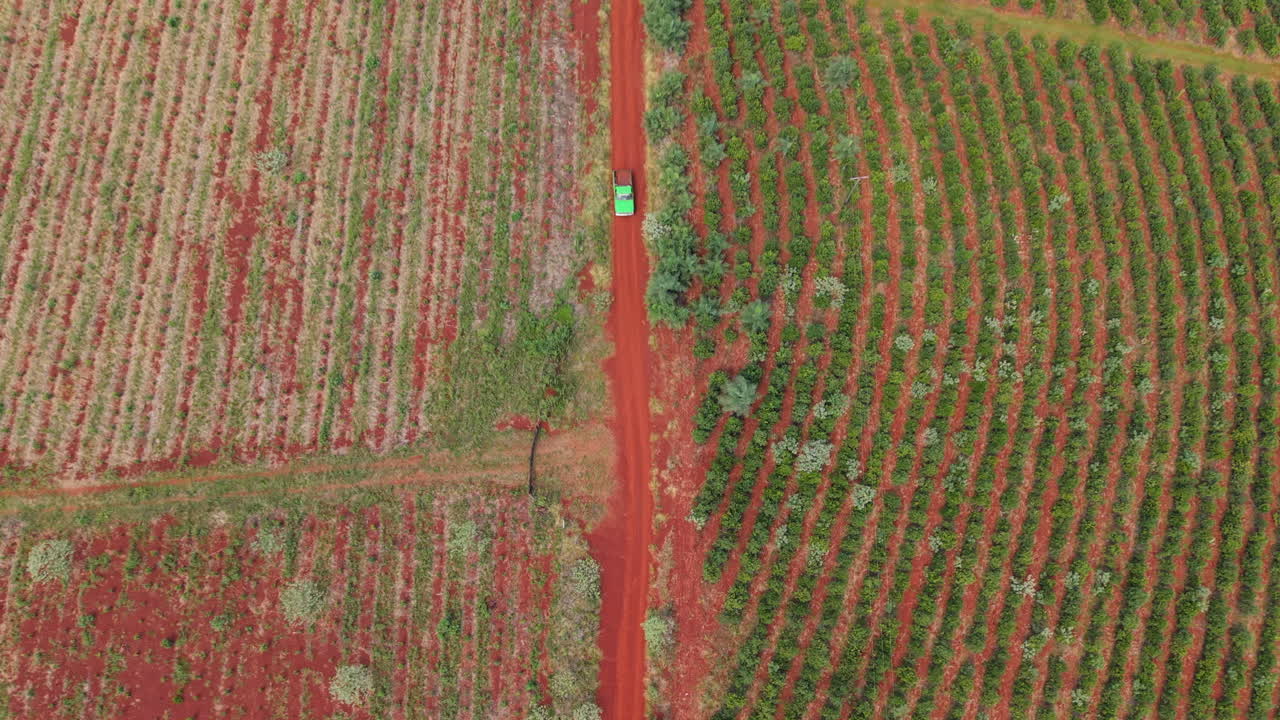Aerial view of car driving on scenic dirt road through an agricultural landscape. Ecotourism