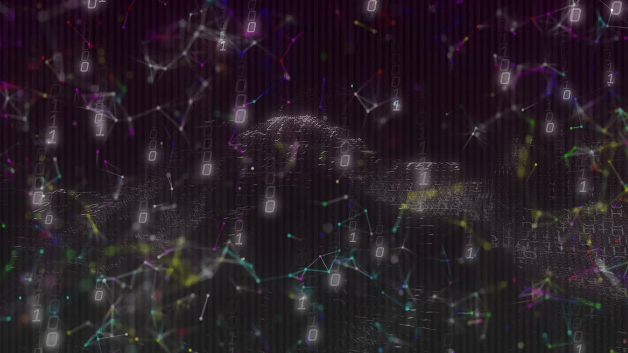 On start, glowing nodes clustering into wave ridge while binary digits pulsing visualizing data