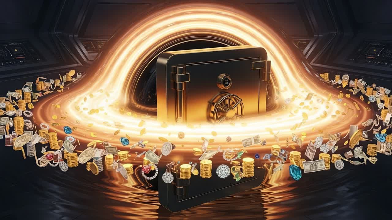 A captivating illustration featuring a safe surrounded by a swirling vortex of floating treasure, including coins, jewels, and banknotes, evoking a sense of mystery and allure