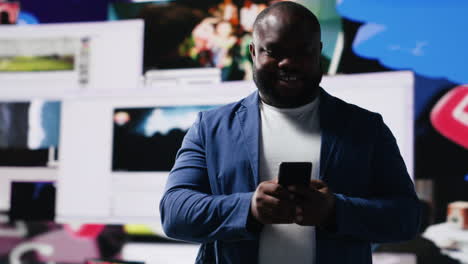 young social media expert connecting on social network for trends on dashboard