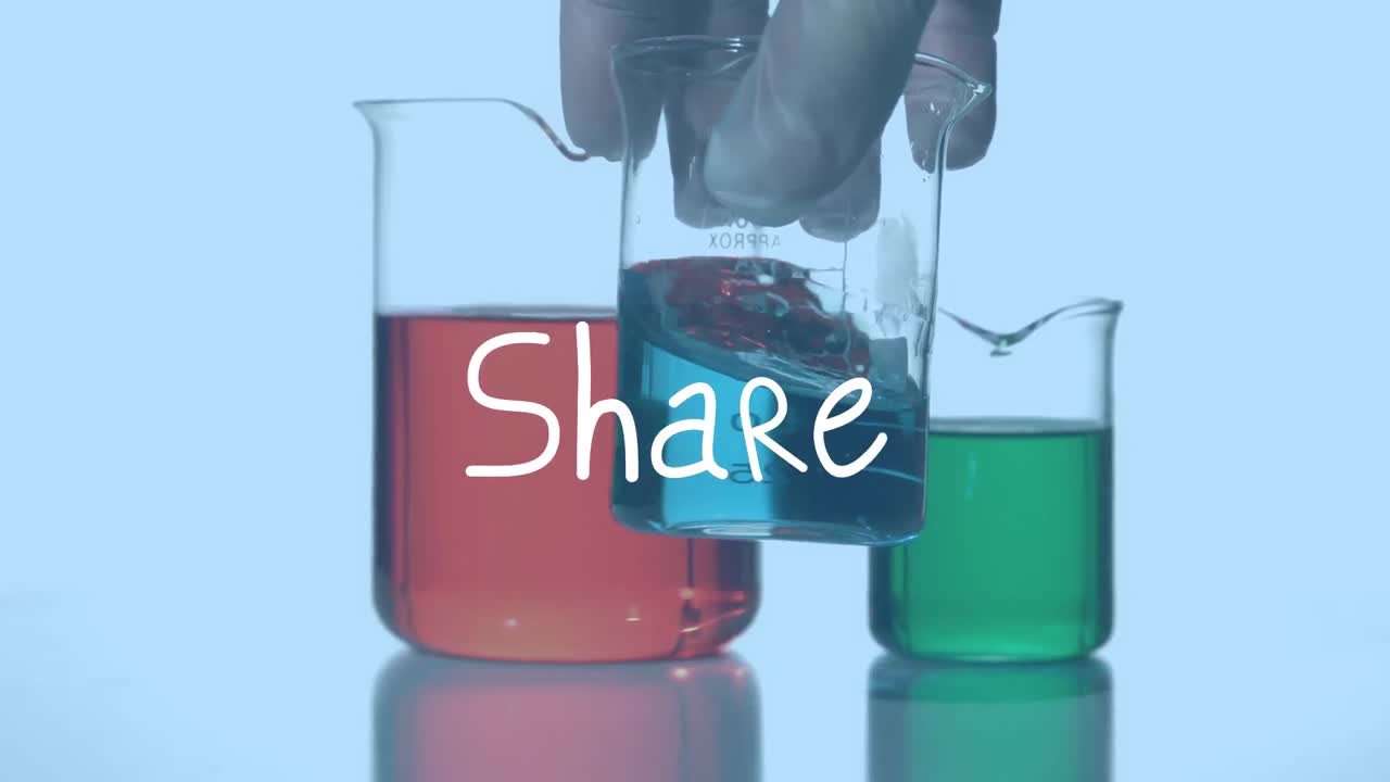 Animation of share over lab glasses with reagents on blue background