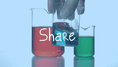 Animation-of-share-over-lab-glasses-with-reagents-on-blue-background