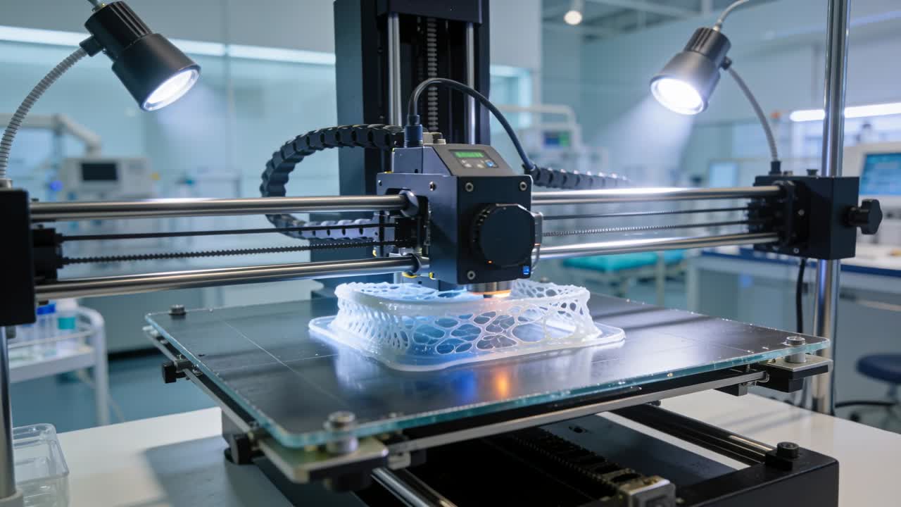 Extruder heating, gantry printer depositing filament onto heated glass plate in lab forming lattice