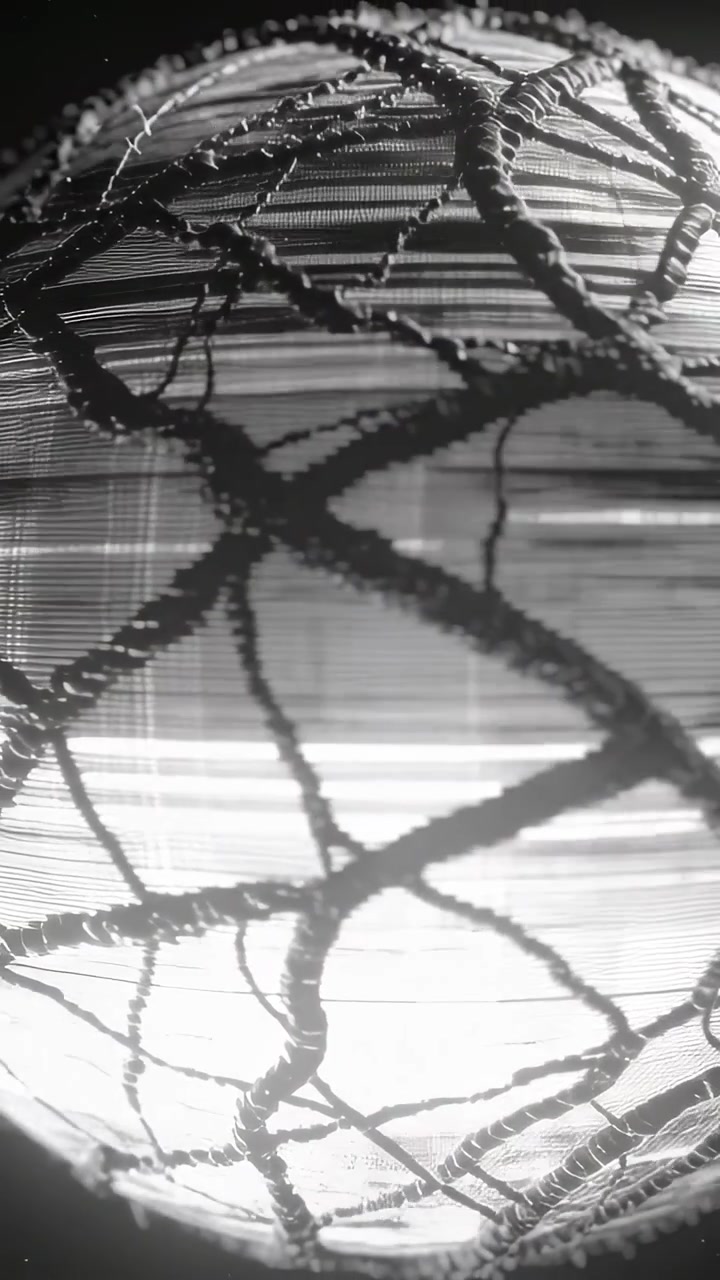 Video verticale: Lampada intrecciata che si allontana e si sposta al centro della finestra, mostrando la trama con vignettatura.