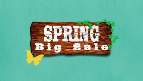 gran venta de primavera con mariposa en la textura de madera