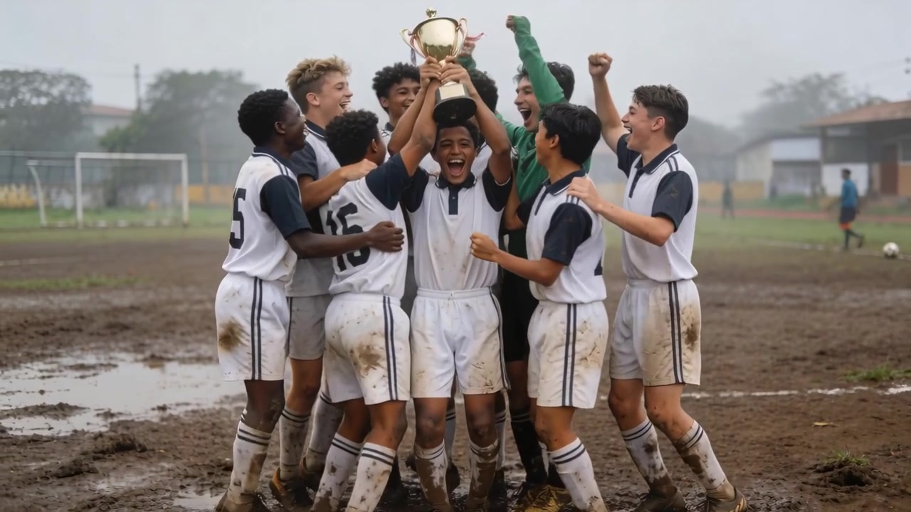 Celebrating after winning, youth soccer players raising gold trophy on muddy pitch in white kits