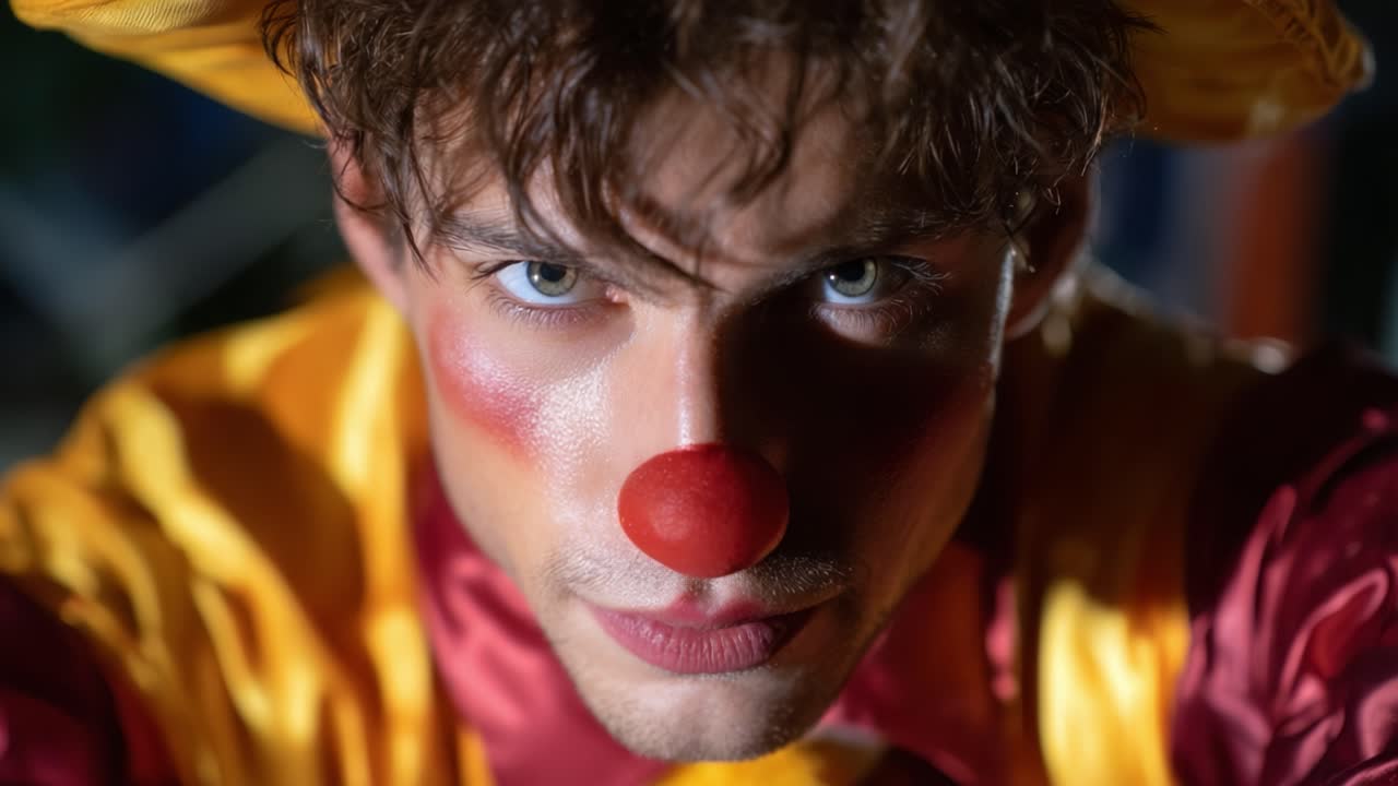 Intense Close-Up of a Clown with Colorful Makeup and a Bright Red Nose Showcasing Emotions Amidst a Mysterious Background in Vibrant Colors