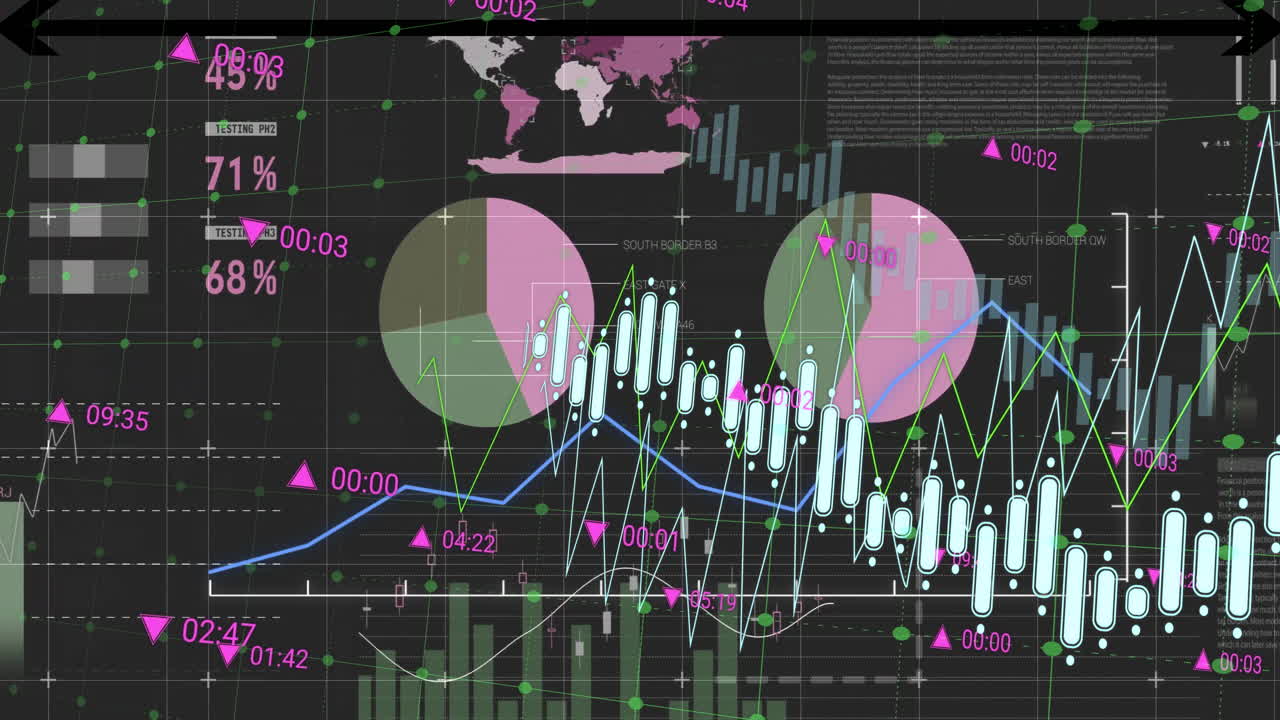 Financial data and stock market analysis with graphs and charts animation
