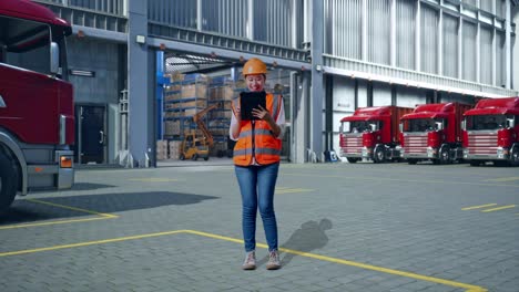 trabajadora de almacén que usa una tableta