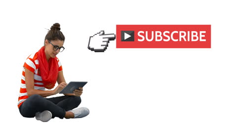 mujer sentada en el suelo con su tableta revisando sus redes sociales 4k
