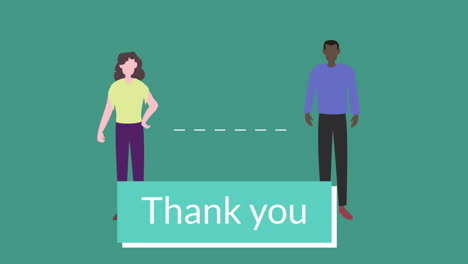 thank you text banner over man and woman maintain social distancing icons against green background