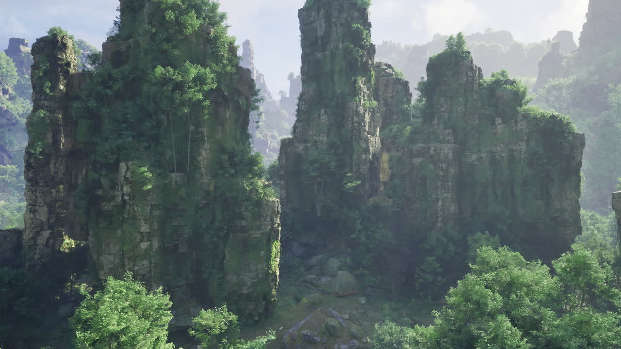 Majestic rock formations surrounded by lush greenery in a serene landscape