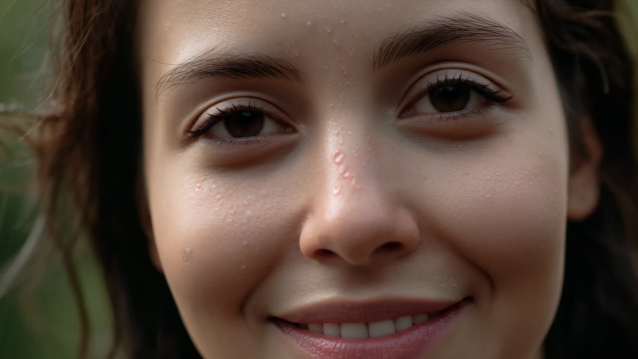 Opening female subject lifting eyelids in park, light rain falling, water droplets shining, smiling