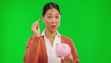Piggy-bank,-face-and-woman-on-green-screen