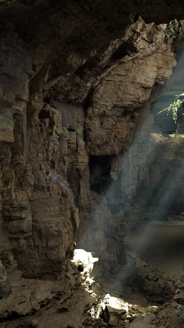 Exploring a mysterious cave illuminated by sunlight filtering through crevices