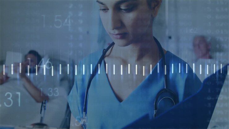 Infermiera che sfoglia la cartella clinica del paziente in reparto e anima un tracciato ECG per monitorare i parametri vitali