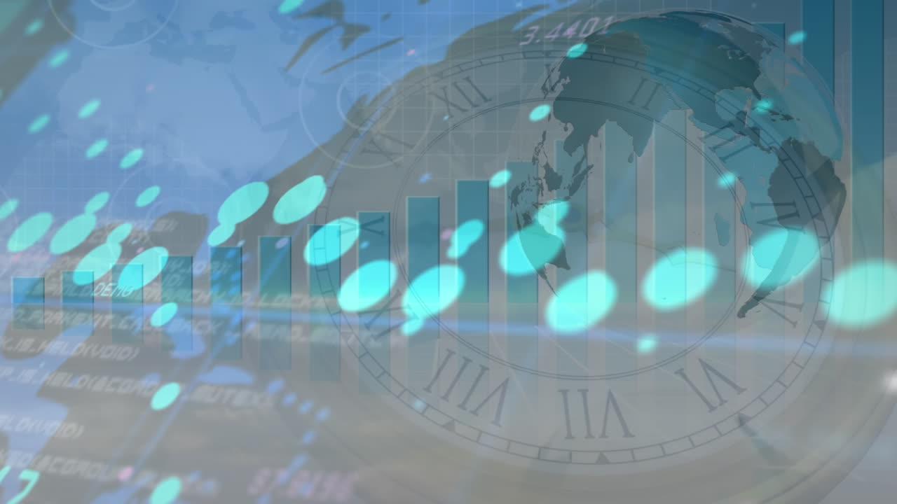 금융 데이터 처리 애니메이션 (시계, 지구 및 세계 지도)