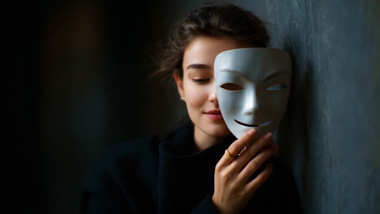 A contemplative young woman, showcasing the contrast between reality and facade, delicately holds a white mask close to her face while pondering her true identity and emotions in a soft-lit environment