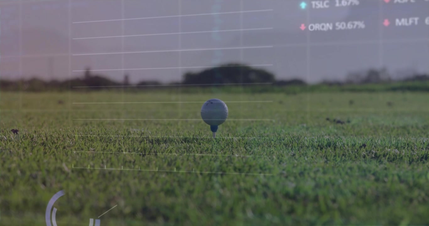 Golf ball spinning on blue tee, displaying sports technology gridlines, arrows and percentages