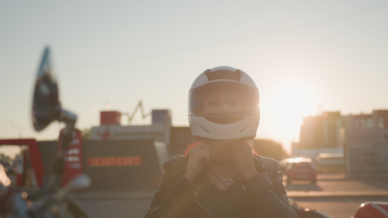 Lady puts on helmet and buckles strap while male rider watches nearby during sunset in front of shopping mall background motorcycles parked behind