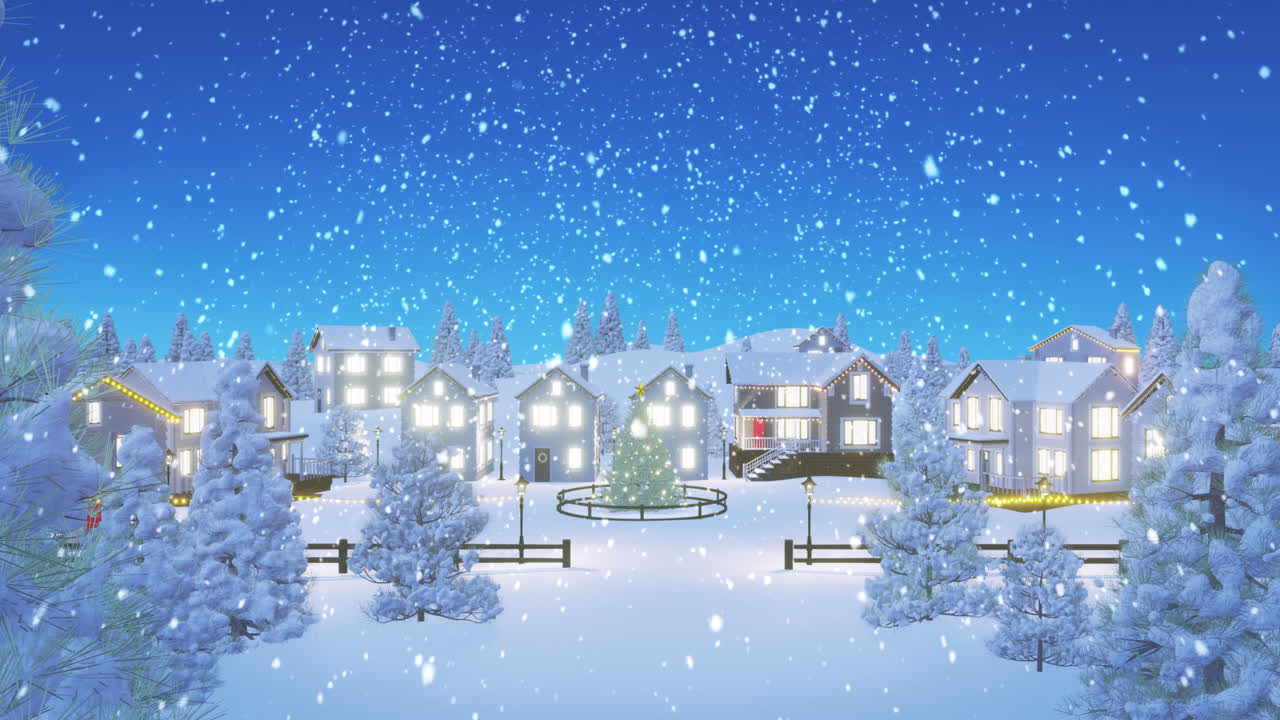 겨울 풍경에서 조명 된 집 위에 내리는 눈의 애니메이션