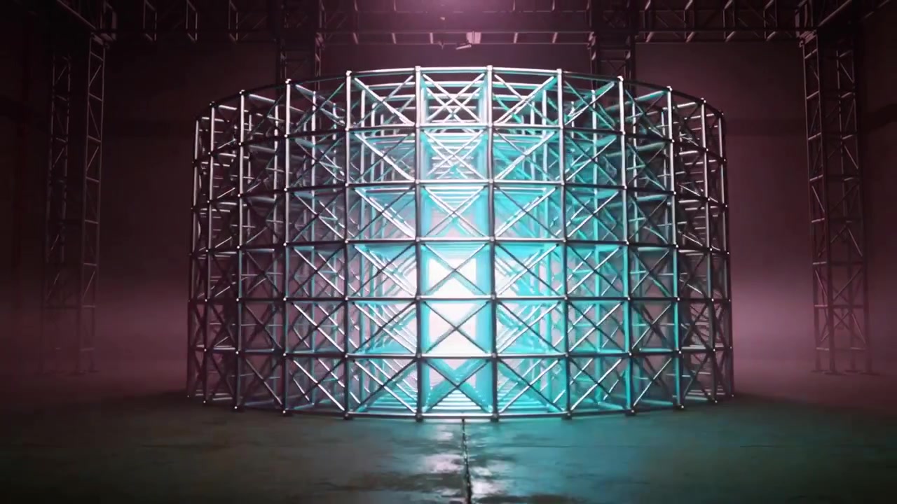 Pulsing metal cage as internal white light rising, casting cyan and magenta washes on floor, fog