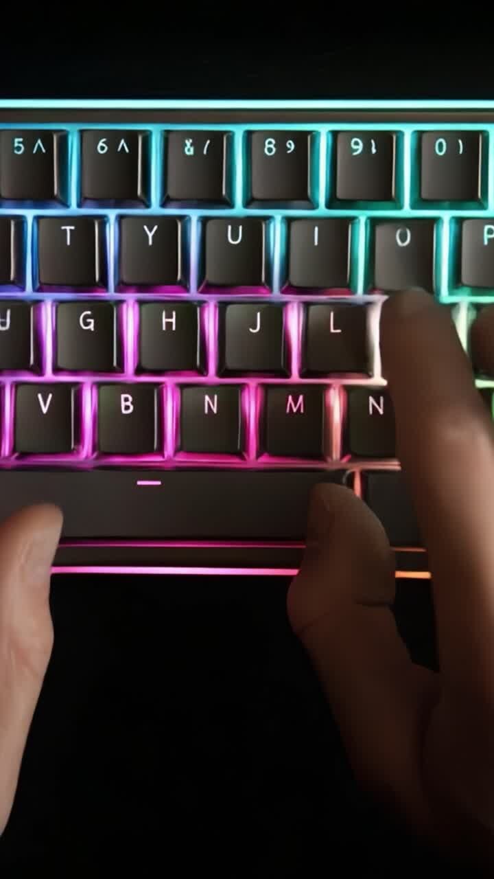 Dynamic Close-Up of a Backlit Keyboard Showcase, Emphasizing Color Variance and Typing Motion with Hands in Action Over Colorful Keys