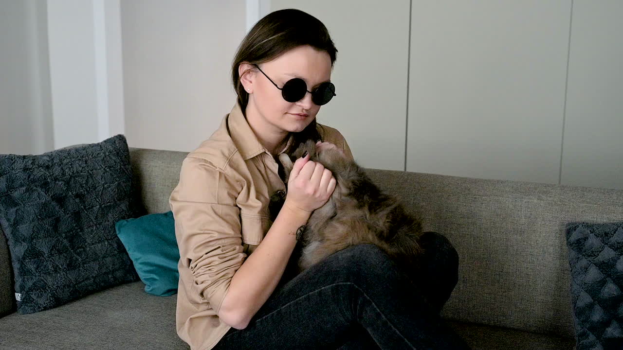 집에서 소파에 앉아 고양이를 쓰다듬는 선글라스를 쓴 맹인 여성 3