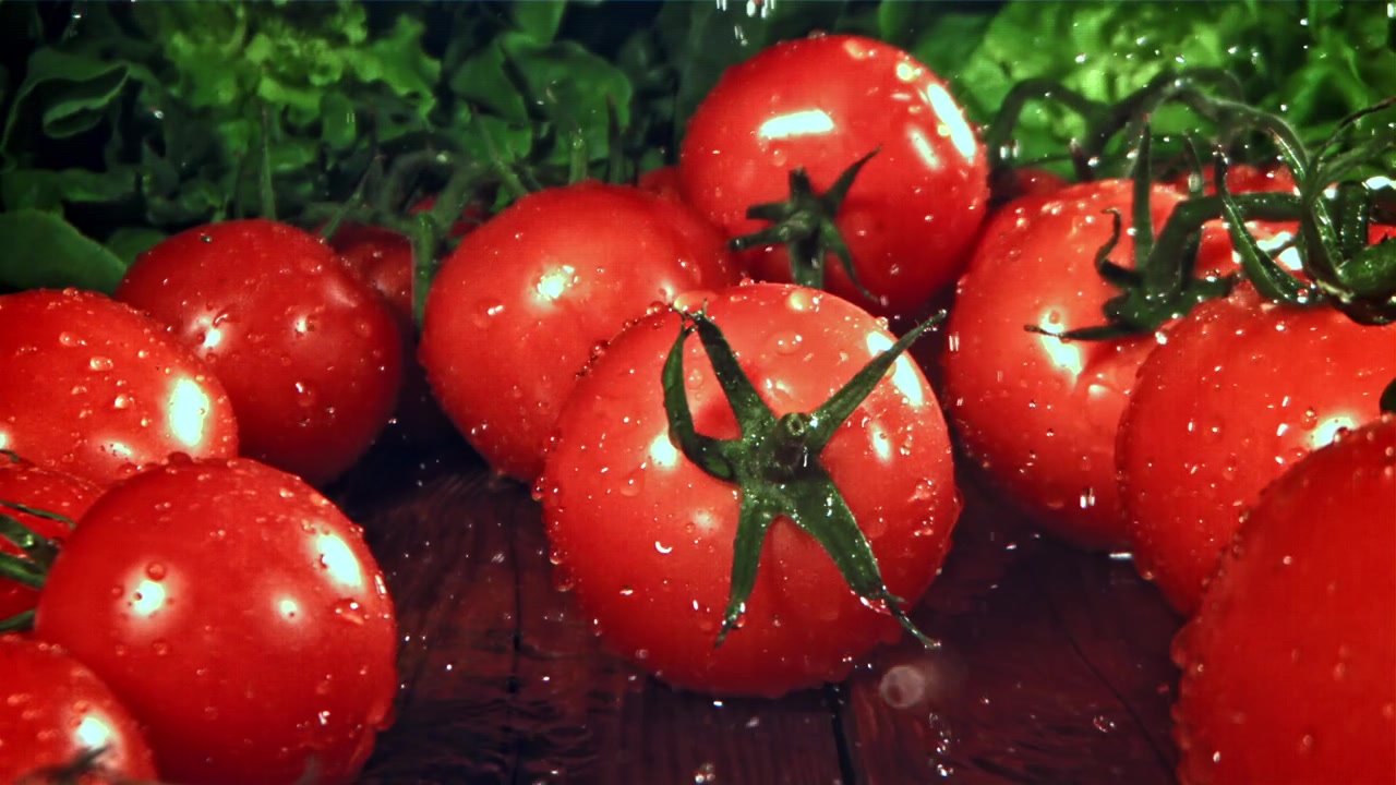 Ağır Çekimde Su Damlaları Sıçrayan Taze Kırmızı Domatesler.
