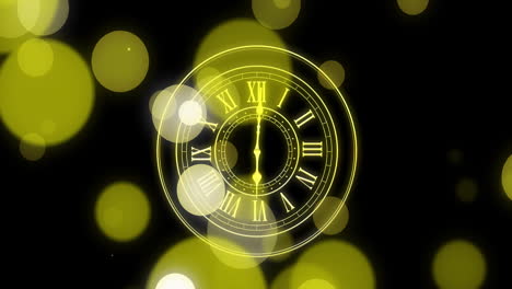 animation of clock showing midnight and spots of light on black background