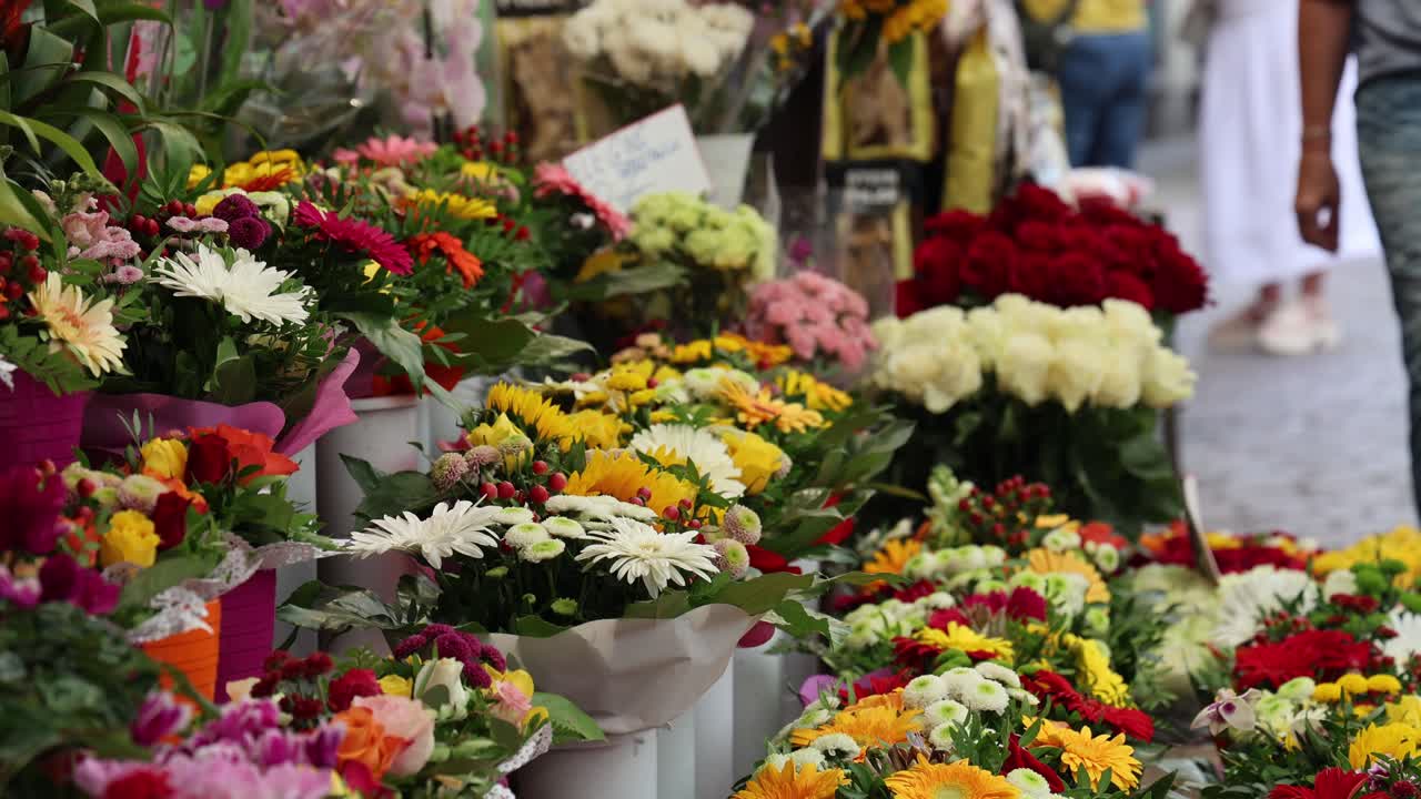 Colorful flowers for sale on a street stall, florist