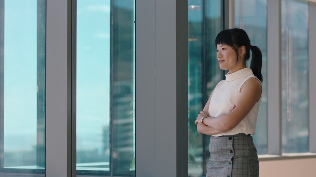 창문 밖을 바라보는 성공적인 아시아 사업가 자랑스러운 ceo 미래 계획 미래 투자 전략에 대한 아이디어를 생각하는 기업 관리자 사무실에서 리더십 경력을 즐기는